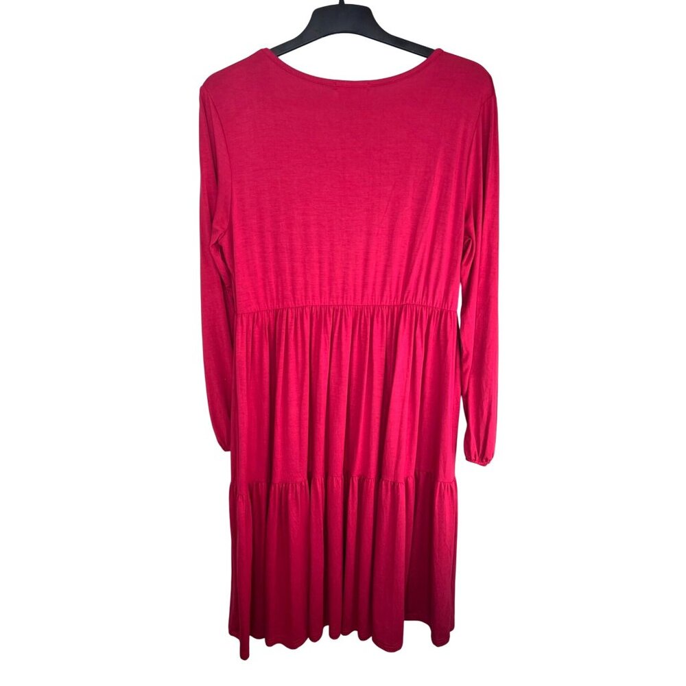 Smallshow Red Rayon & Spandex Long Sleeve V-Neck Tiered Maternity Dress - Picture 4 of 14